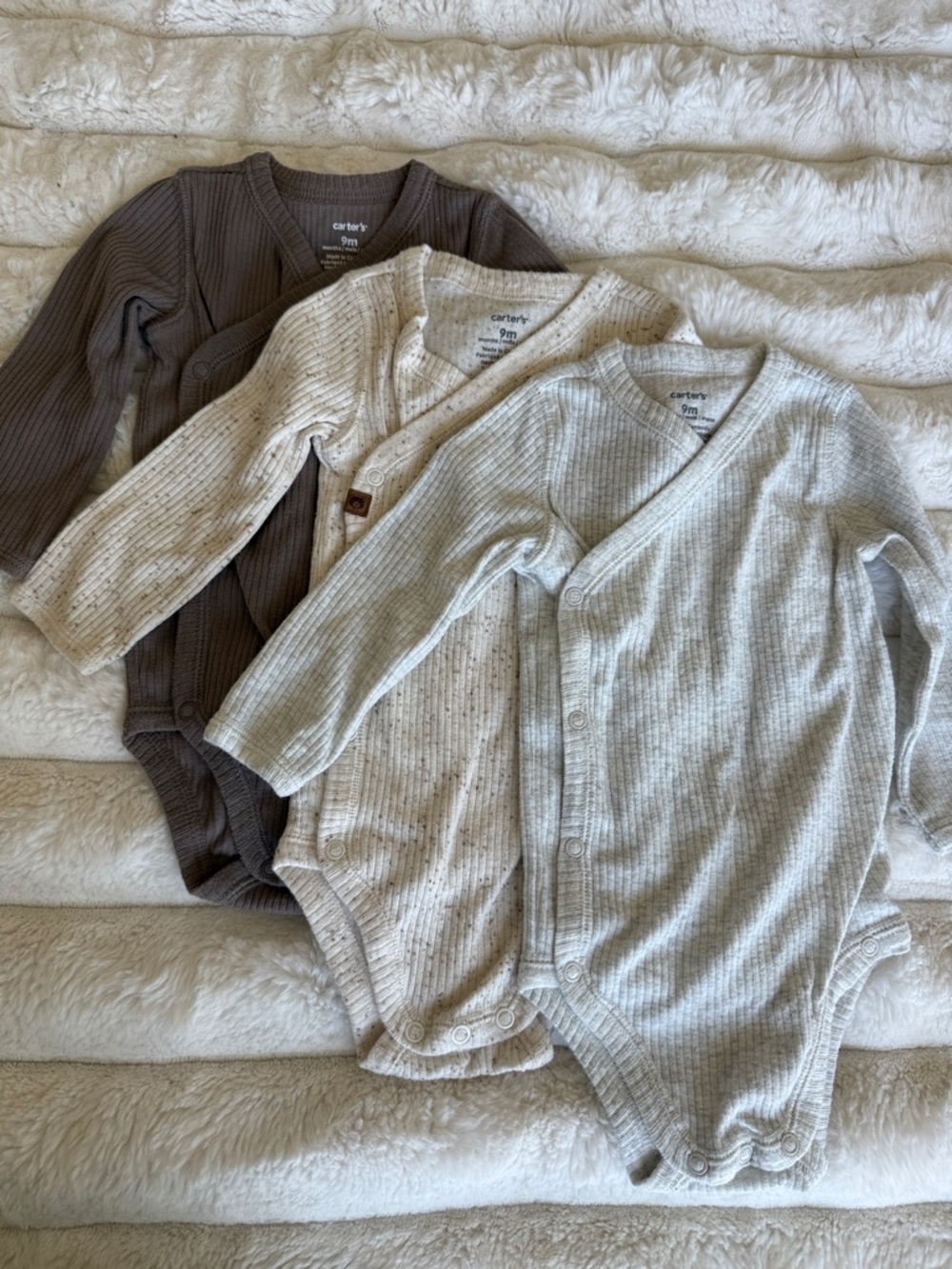 Carter's Ribbed Long-Sleeve Baby Onesies - Brown, Cream, Light Gray